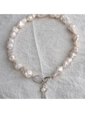 Baroque Pearl Cross Necklace – Detachable Pendant, Large Statement Pearls